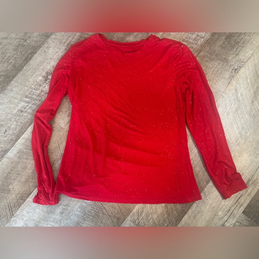 Jollidays size SMALL red long sleeve festive top, silver sparkle on fabric